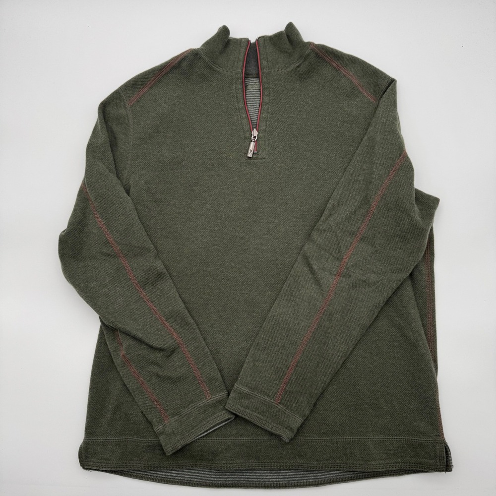 Tommy Bahama Mens Olive Green Quarter Zip Pullover Knit Sweater